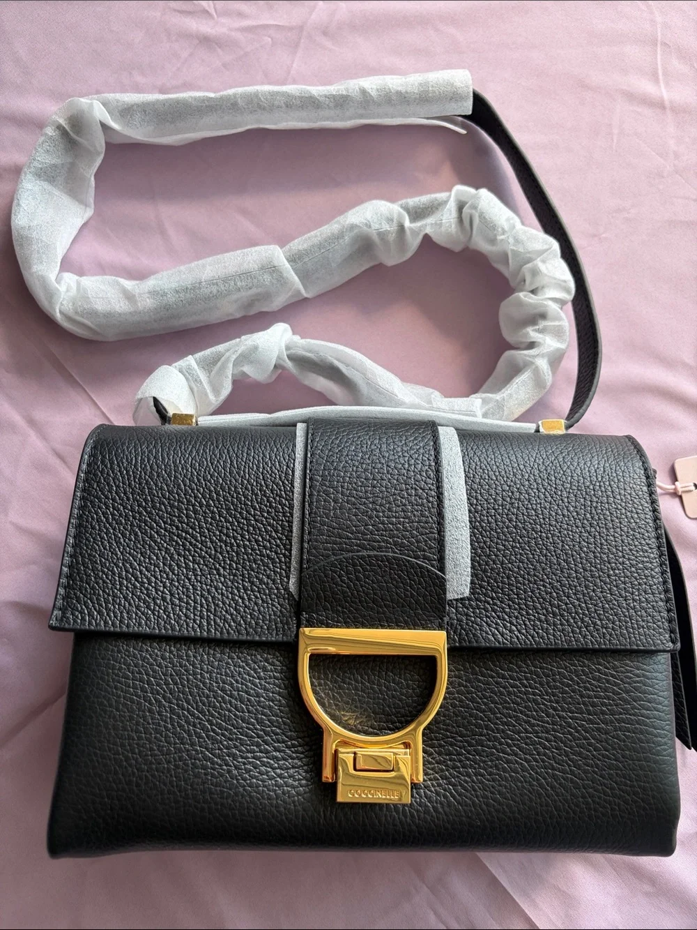 Coccinelle Black Pebble Leather Crossbody Bag with Gold Buckle - Picture 1 of 13